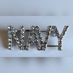Rhinestone NAVY Brooch Pin Vintage Silver Tone